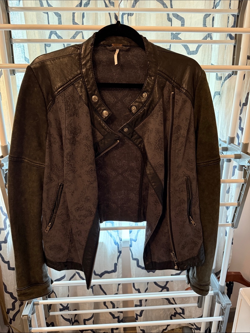 Free People Black Faux Leather Moto Jacket with Textured Panels